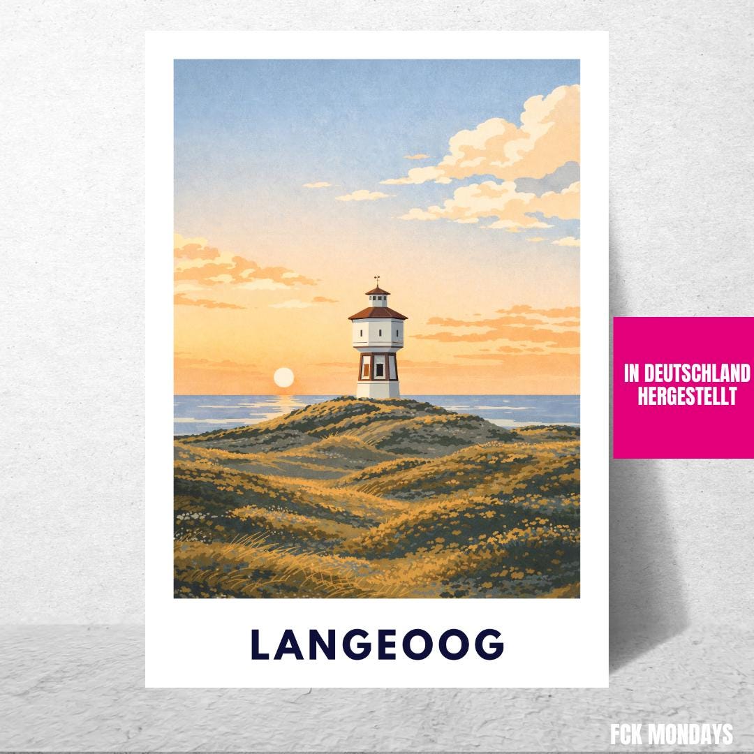 Langeoog Wasserturm Poster | Langeoog Sanddünen Sonnenuntergang | Poster Ostfriesische Inseln | Nordseeinsel Wattenmeer Nationalpark