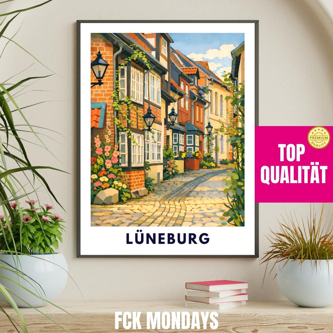 Lüneburg Altstadt Poster | Historische Gassen & Fachwerk | Norddeutsche Stadtillustration | Wandbild Stadt, Reise Poster Souvenir