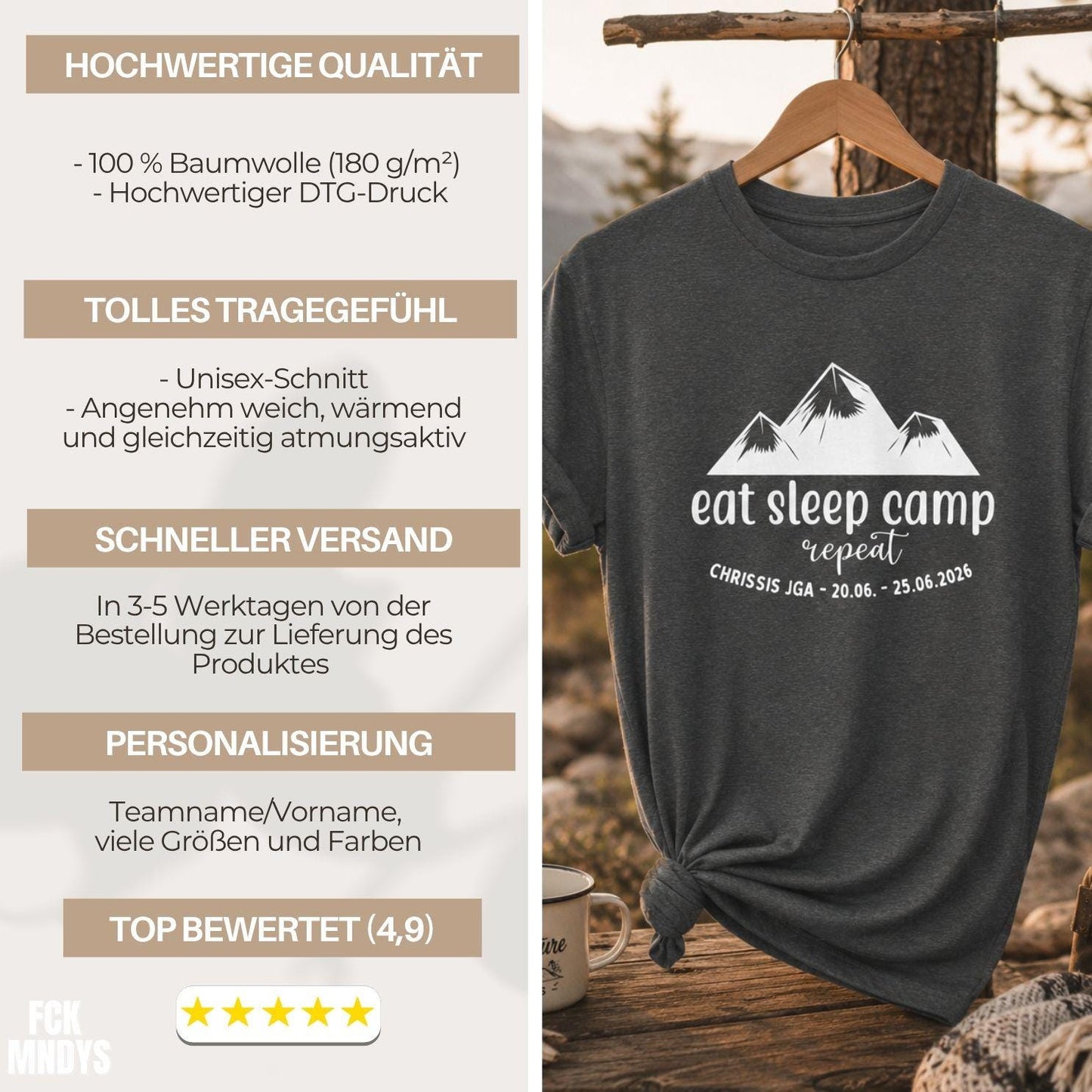 Camping JGA Shirt Herren, Eat Sleep Camp Repeat Shirt, Männertrip T-Shirt, Outdoor Junggesellenabschied Urlaub