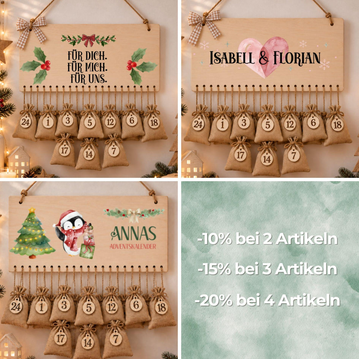 Adventskalender für Paare personalisiert | Holzbox zum Befüllen mit 24 Jutesäckchen und Holzzahlen | Geschenk für Partner mit Wunschtext