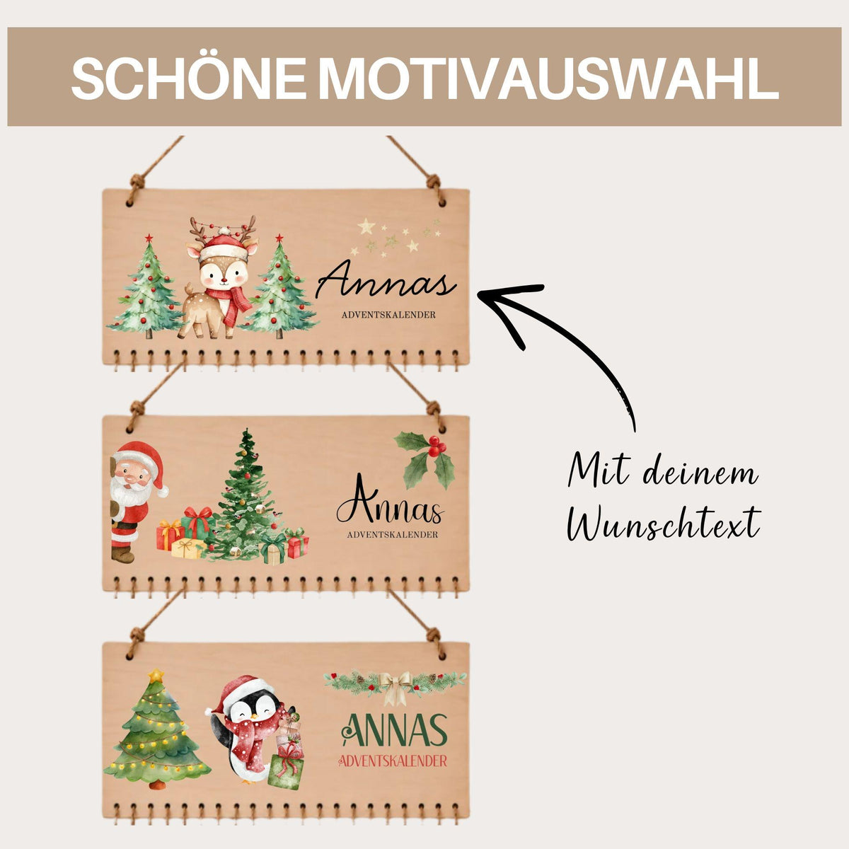 Personalisierter Adventskalender mit Namen aus Holz | 24 Säckchen zum Befüllen | Kinderadventskalender Jutesäckchen Aufhängen Mädchen Jungen