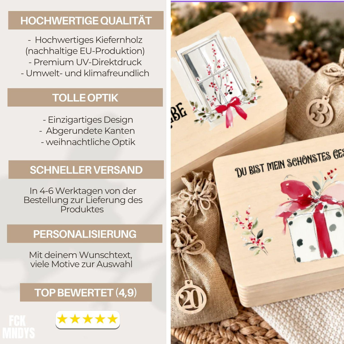 Adventskalender für Paare mit Foto personalisiert | Holzbox zum Befüllen mit 24 Jutesäckchen Holzzahlen, Geschenk für Partner mit Wunschtext
