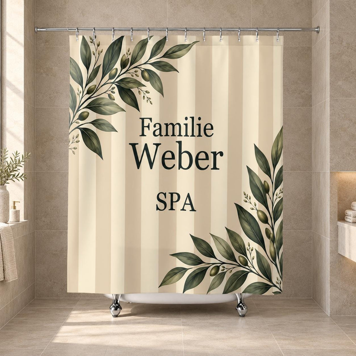 Familien Spa Duschvorhang personalisiert mit Familienname, Streifen und Blätter in Sand und Creme, Badezimmer Deko zum Einzug Geschenk Wanne