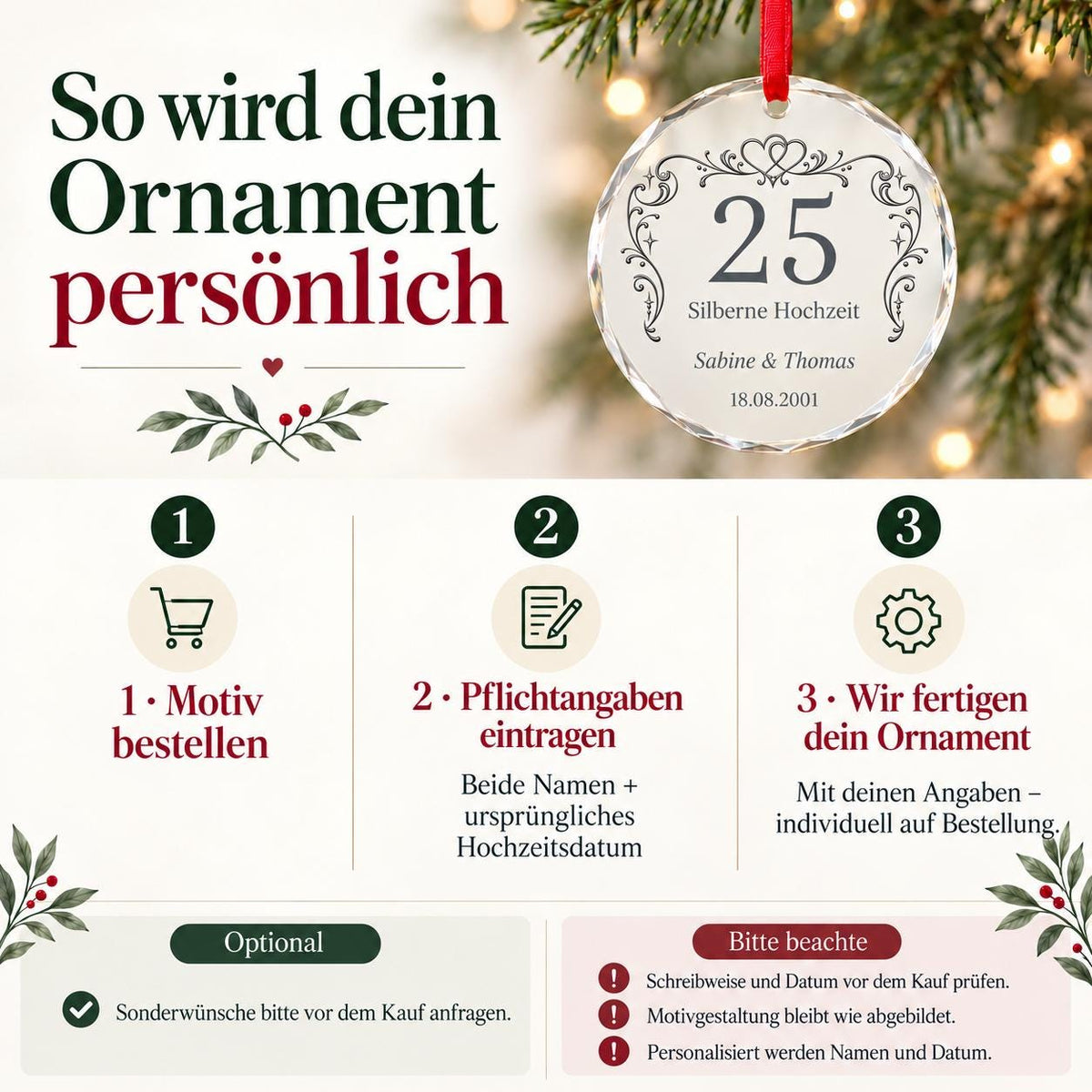 Silberhochzeit Glasornament personalisiert mit Namen und Datum – Geschenk zum 25. Hochzeitstag für Eltern, Ehepaar, Weihnachtsanhänger