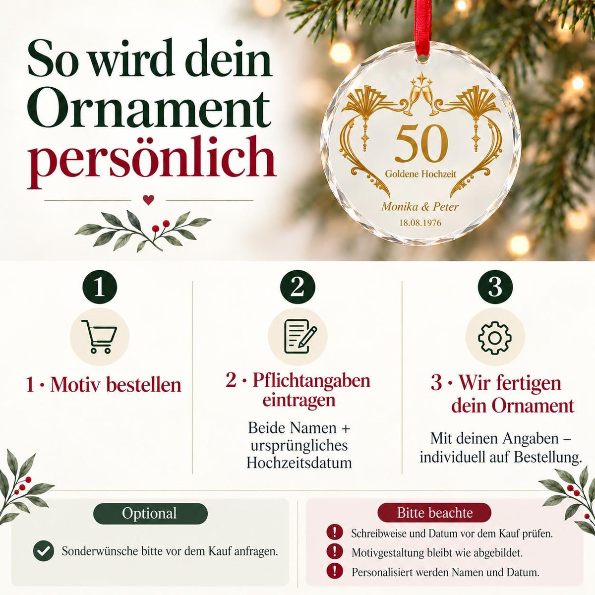 Goldene Hochzeit Glasornament personalisiert mit Namen und Datum – Geschenk zum 50. Hochzeitstag für Eltern und Großeltern, Art-Déco-Deko