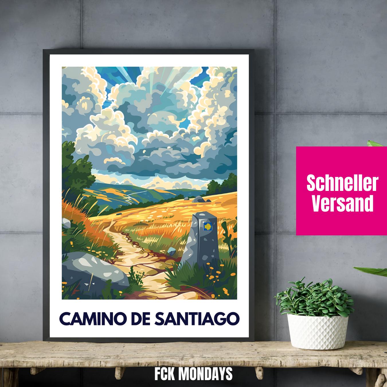 Jakobsweg Poster | Camino de Santiago Wandbild | Pilger Geschenk Reiseposter Spanien | Wanderwege Wandbild | Europa Pilgerweg Druck