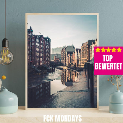 Hamburg Speicherstadt bei Ebbe Poster | Historische Speicher | Elbe Fleet Fotokunst | Hanseatische Architektur | Hansestadt Wandbild