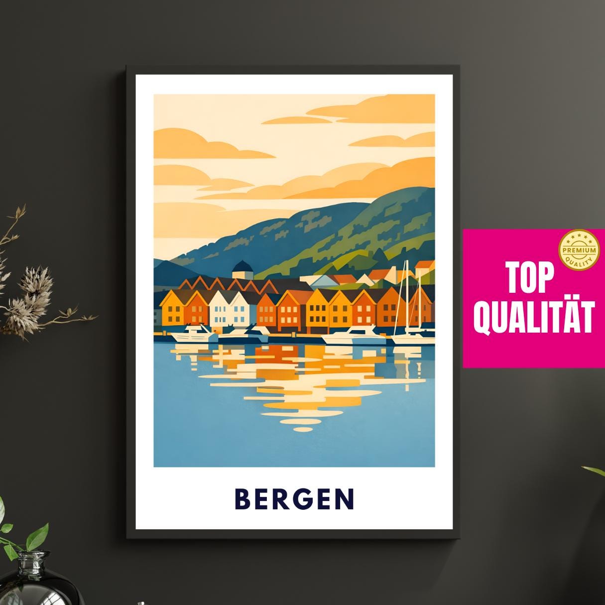 Bergen Poster | Norwegen | Bryggen Hafen | Fjord Landschaft Illustration | Skandinavien | Reiseposter | Travel Art | Maritim | Wandbild