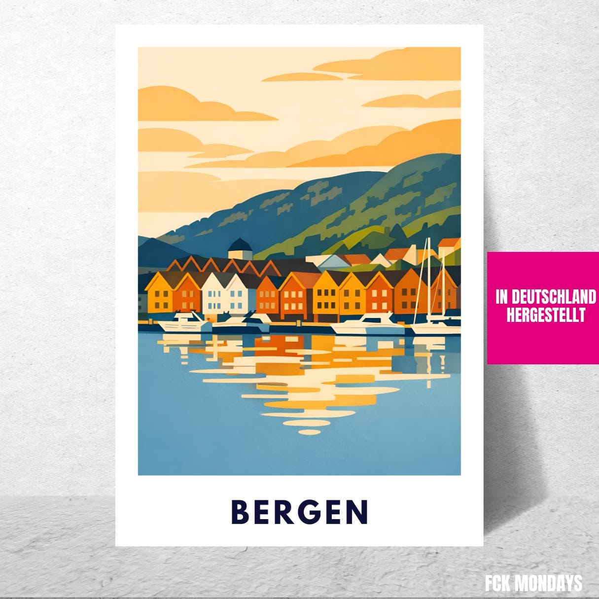 Bergen Poster | Norwegen | Bryggen Hafen | Fjord Landschaft Illustration | Skandinavien | Reiseposter | Travel Art | Maritim | Wandbild