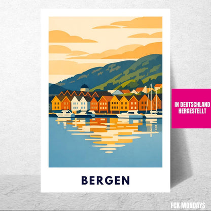Bergen Poster | Norwegen | Bryggen Hafen | Fjord Landschaft Illustration | Skandinavien | Reiseposter | Travel Art | Maritim | Wandbild