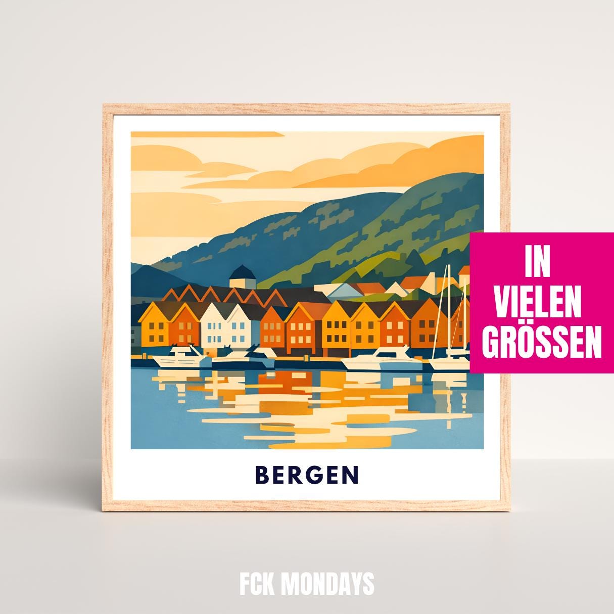 Bergen Poster | Norwegen | Bryggen Hafen | Fjord Landschaft Illustration | Skandinavien | Reiseposter | Travel Art | Maritim | Wandbild