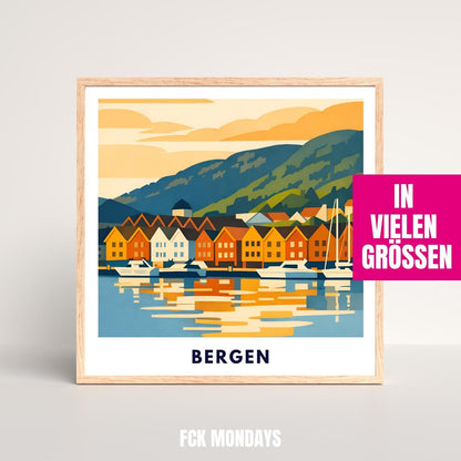 Bergen Poster | Norwegen | Bryggen Hafen | Fjord Landschaft Illustration | Skandinavien | Reiseposter | Travel Art | Maritim | Wandbild