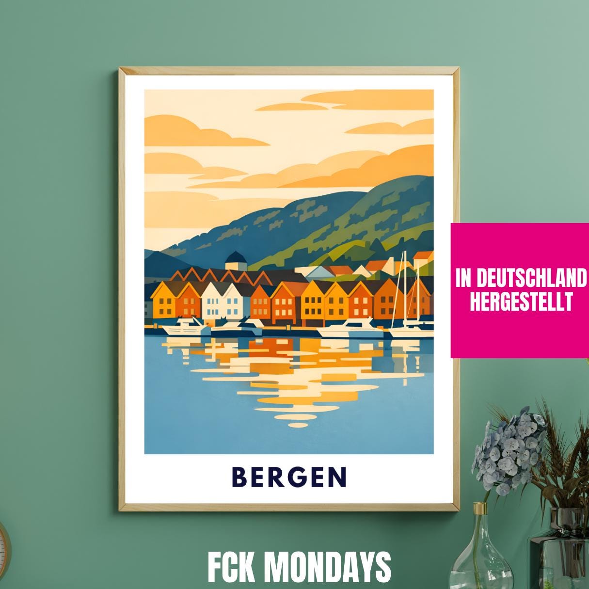 Bergen Poster | Norwegen | Bryggen Hafen | Fjord Landschaft Illustration | Skandinavien | Reiseposter | Travel Art | Maritim | Wandbild