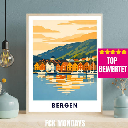 Bergen Poster | Norwegen | Bryggen Hafen | Fjord Landschaft Illustration | Skandinavien | Reiseposter | Travel Art | Maritim | Wandbild