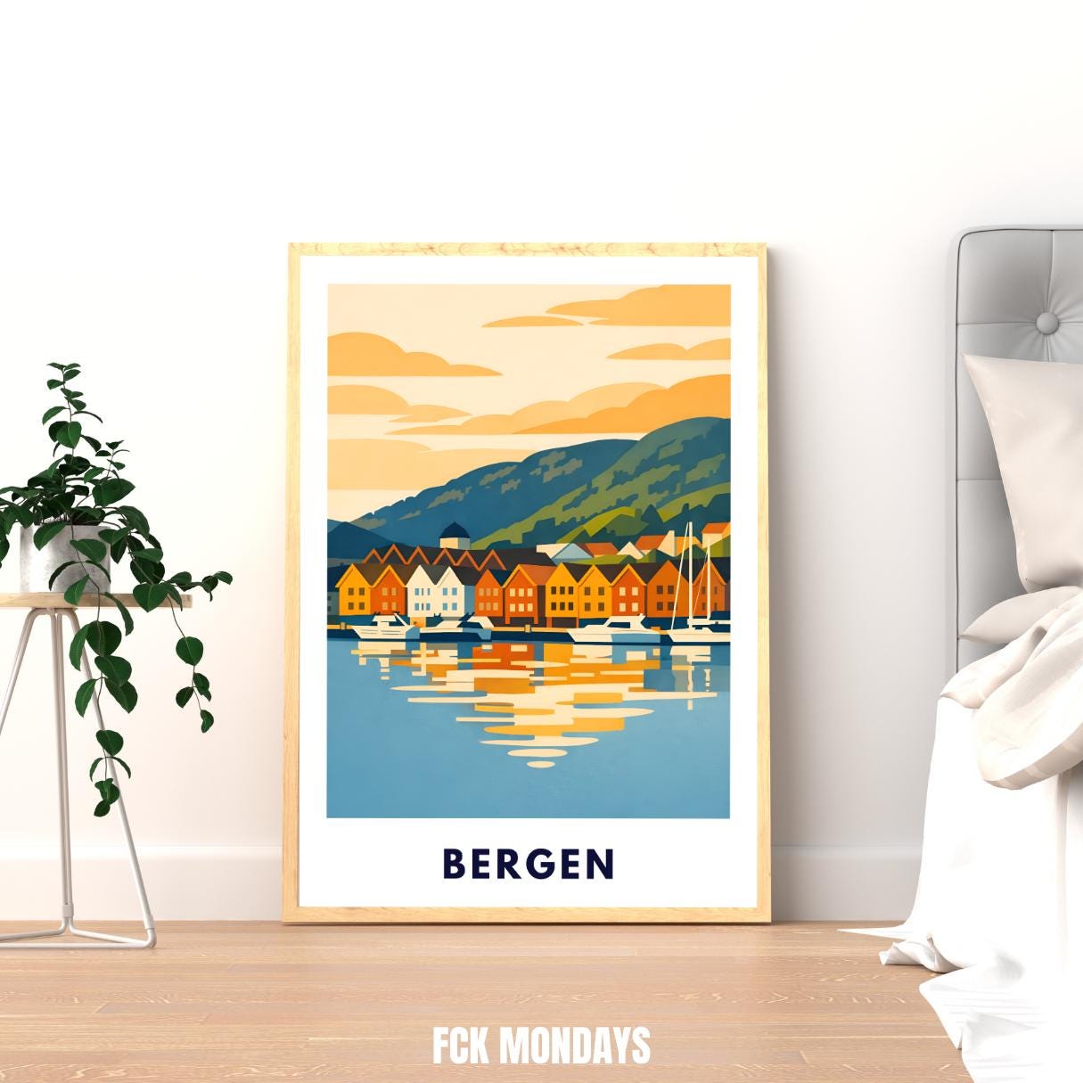 Bergen Poster | Norwegen | Bryggen Hafen | Fjord Landschaft Illustration | Skandinavien | Reiseposter | Travel Art | Maritim | Wandbild