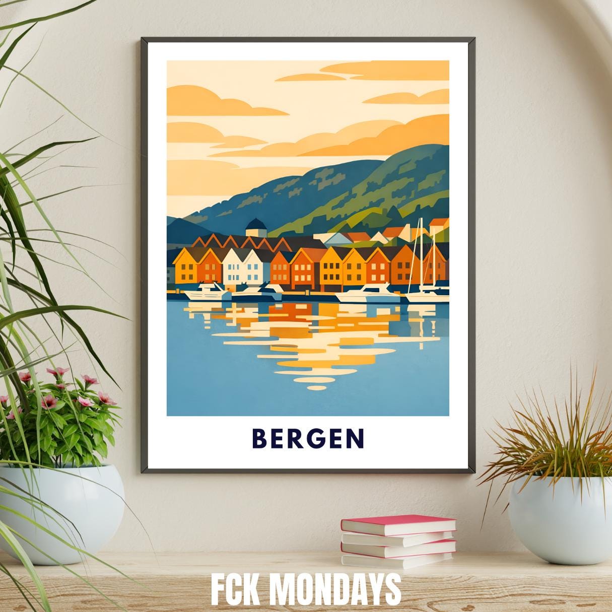 Bergen Poster | Norwegen | Bryggen Hafen | Fjord Landschaft Illustration | Skandinavien | Reiseposter | Travel Art | Maritim | Wandbild