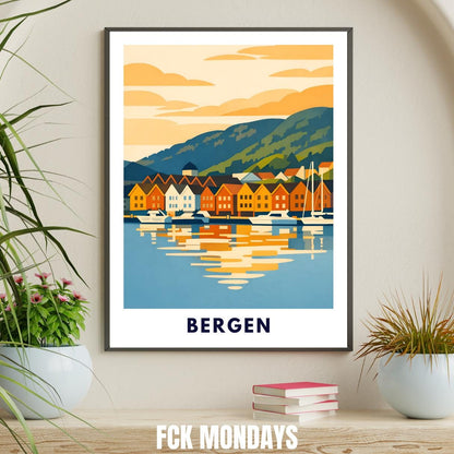 Bergen Poster | Norwegen | Bryggen Hafen | Fjord Landschaft Illustration | Skandinavien | Reiseposter | Travel Art | Maritim | Wandbild
