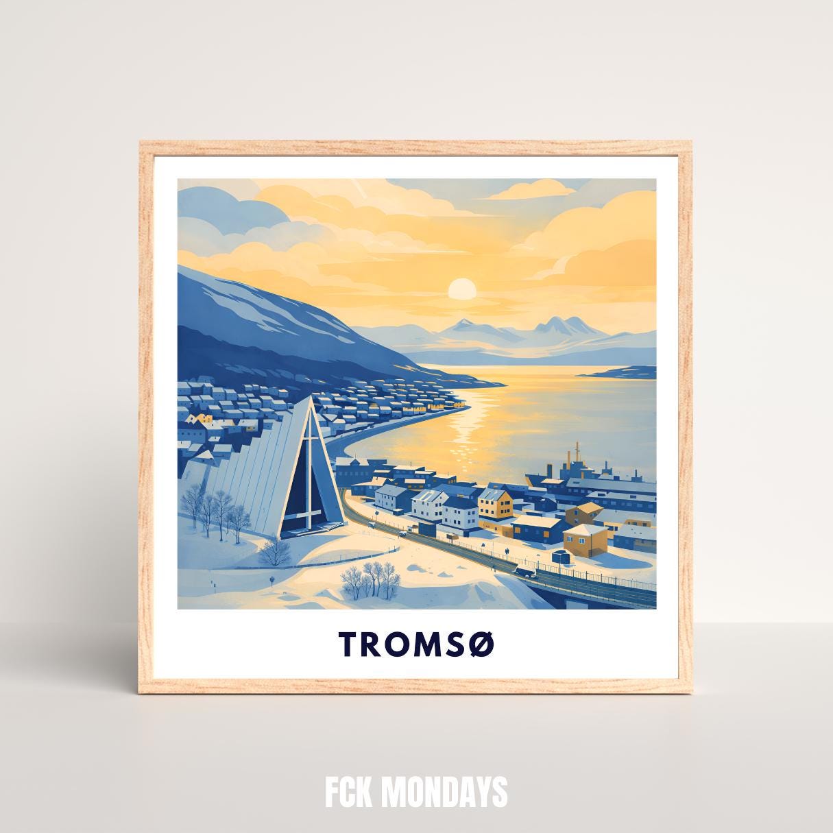 Tromsø Poster | Norway | Arctic Cathedral | Fjord Landscape | Scandinavian Travel Poster | Nordic Wall Art | Minimalist Illustration