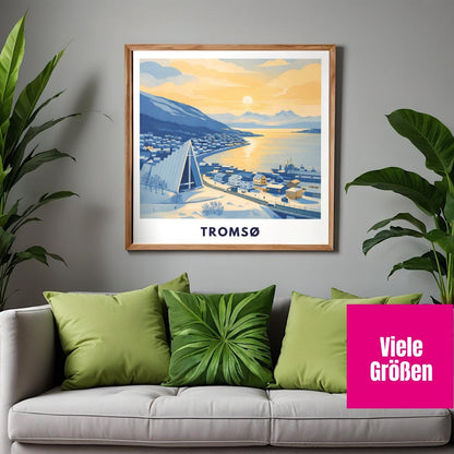 Tromsø Poster | Norway | Arctic Cathedral | Fjord Landscape | Scandinavian Travel Poster | Nordic Wall Art | Minimalist Illustration