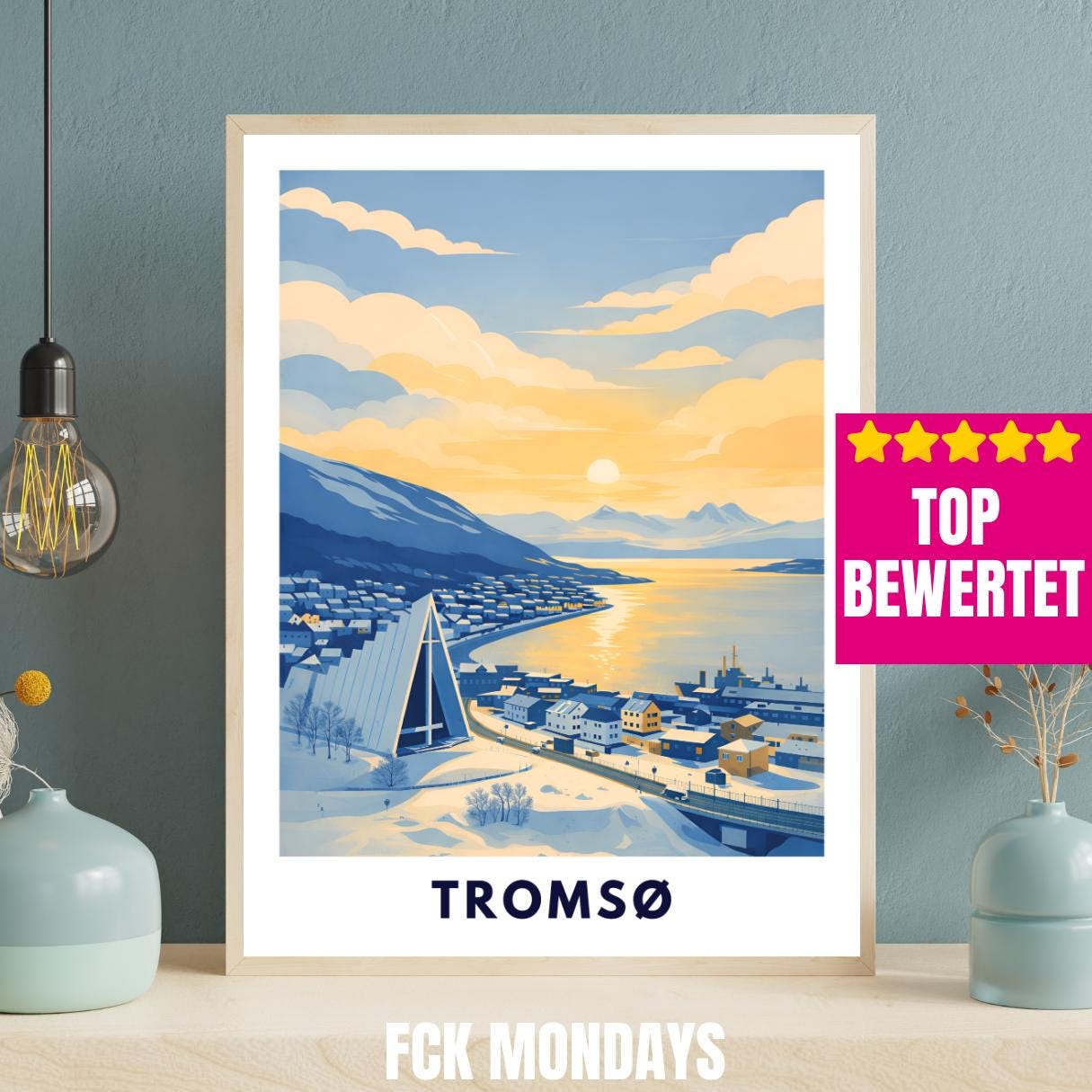 Tromsø Poster | Norway | Arctic Cathedral | Fjord Landscape | Scandinavian Travel Poster | Nordic Wall Art | Minimalist Illustration