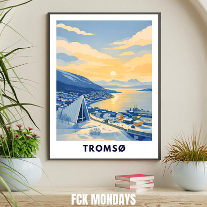 Tromsø Poster | Norway | Arctic Cathedral | Fjord Landscape | Scandinavian Travel Poster | Nordic Wall Art | Minimalist Illustration
