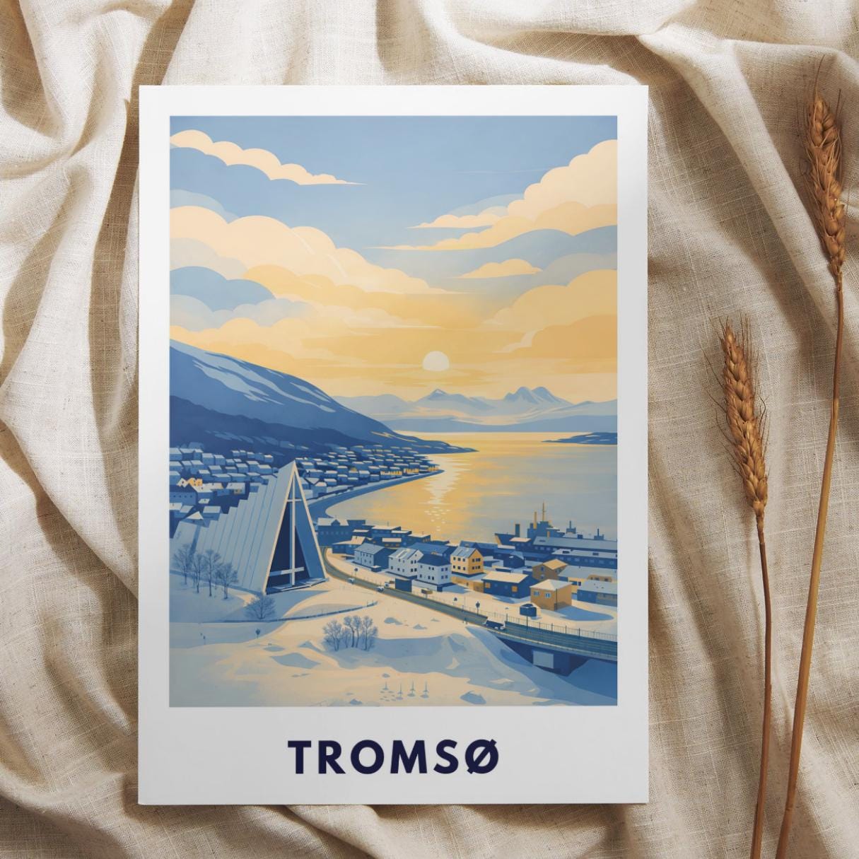 Tromsø Poster | Norway | Arctic Cathedral | Fjord Landscape | Scandinavian Travel Poster | Nordic Wall Art | Minimalist Illustration