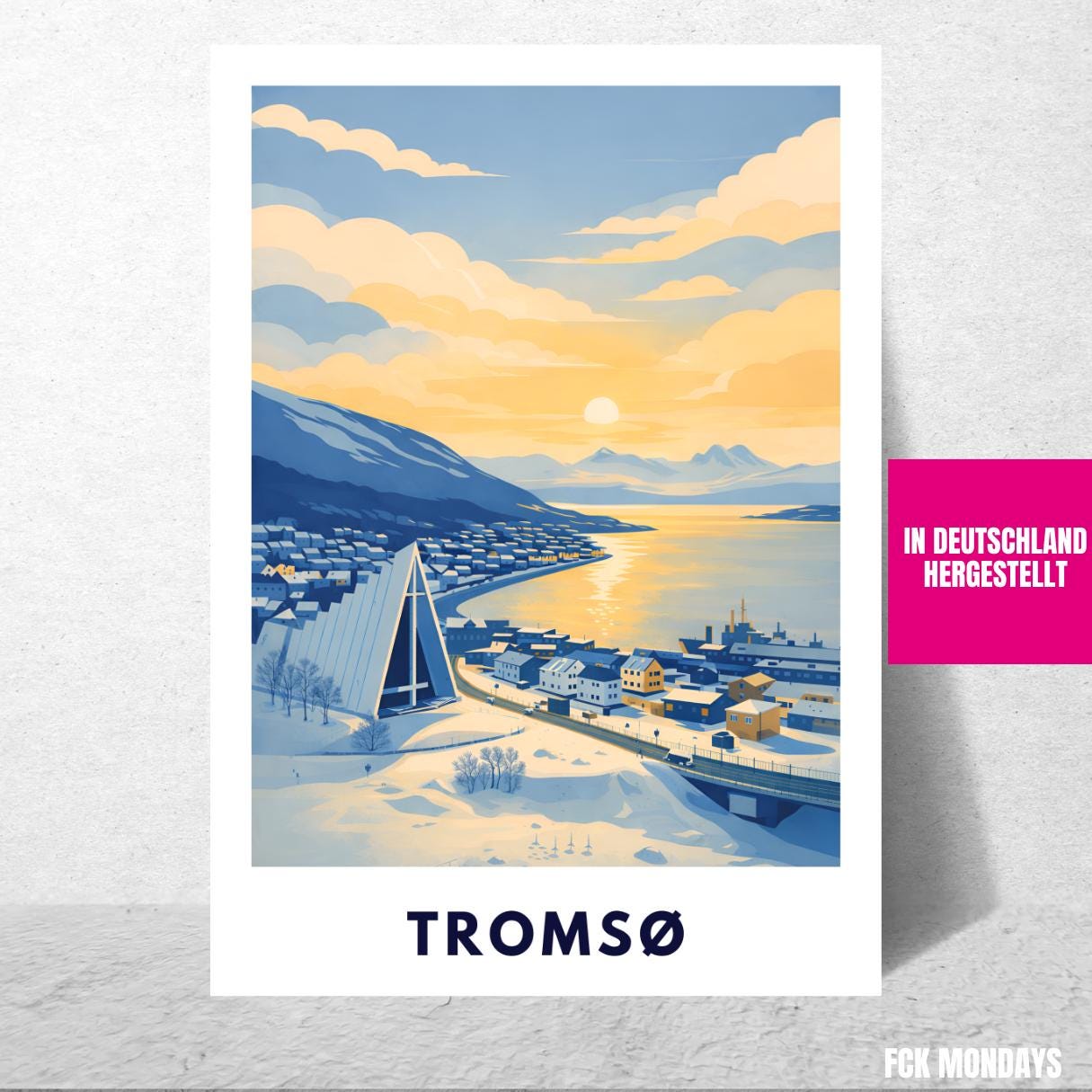 Tromsø Poster | Norway | Arctic Cathedral | Fjord Landscape | Scandinavian Travel Poster | Nordic Wall Art | Minimalist Illustration
