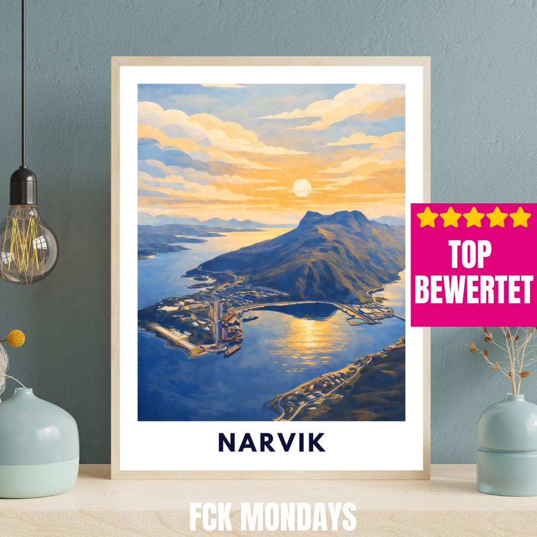 Narvik Norway Poster | Fjord Landscape | Ofotfjord | Hurtigruten Cruise | Scandinavian Travel Art | Nordic Wall Decor