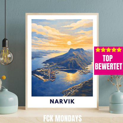 Narvik Norway Poster | Fjord Landscape | Ofotfjord | Hurtigruten Cruise | Scandinavian Travel Art | Nordic Wall Decor