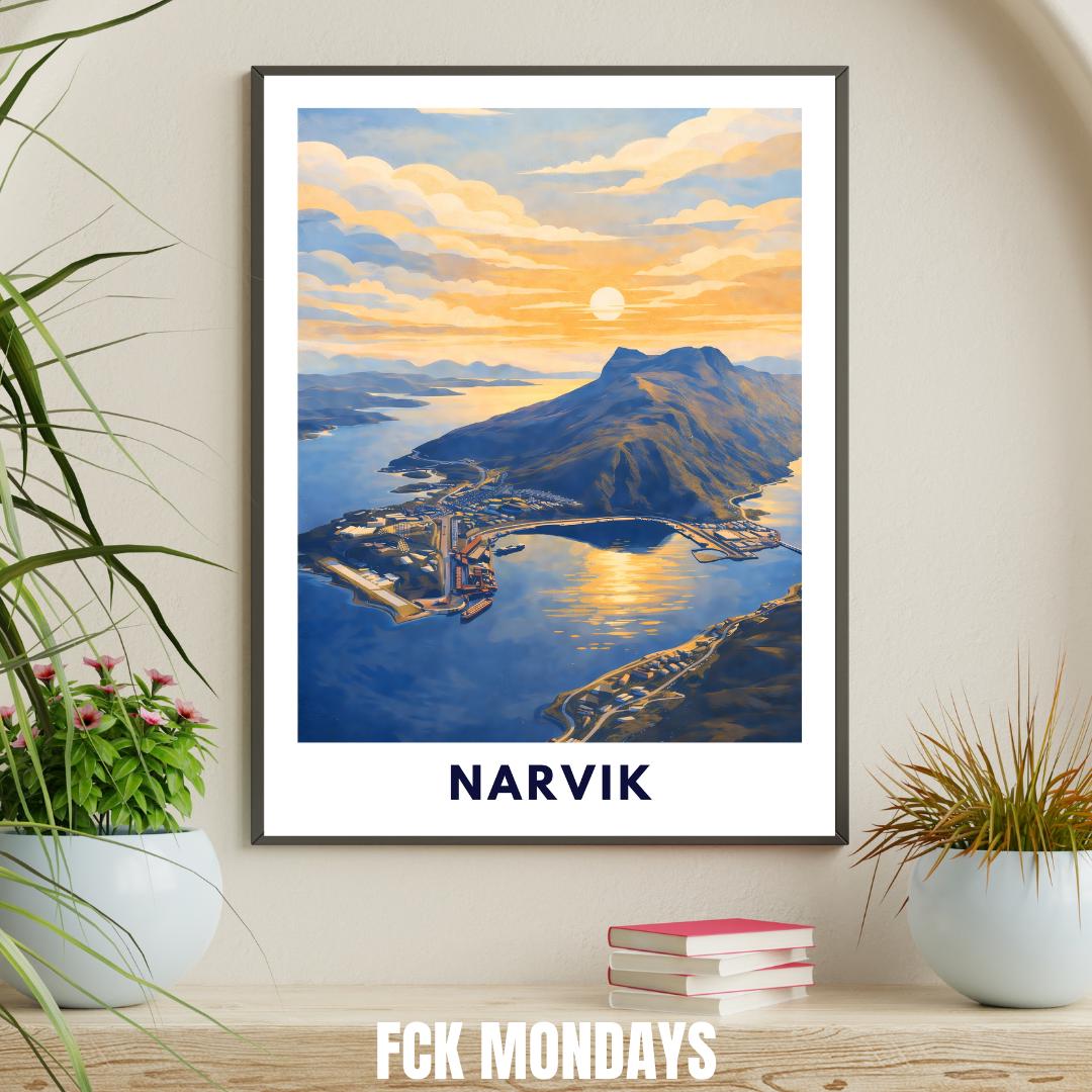 Narvik Norway Poster | Fjord Landscape | Ofotfjord | Hurtigruten Cruise | Scandinavian Travel Art | Nordic Wall Decor