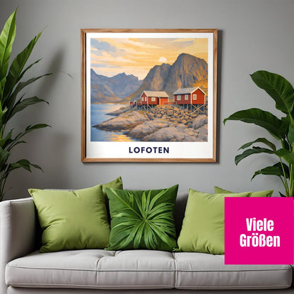 Lofoten Poster | Norwegen | Rorbuer Hütten | Reine Hamnøy | Fjord Landschaft | Hurtigruten | Skandinavien | Reiseposter Nordic Art