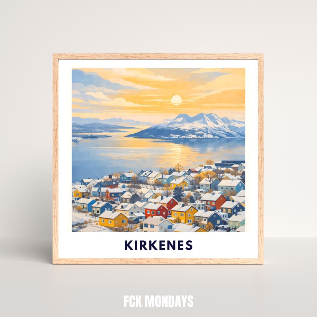 Kirkenes Poster | Norway | Arctic Fjord Town | Hurtigruten End Port | Barents Sea | Scandinavian Travel Poster | Nordic Wall Art Print