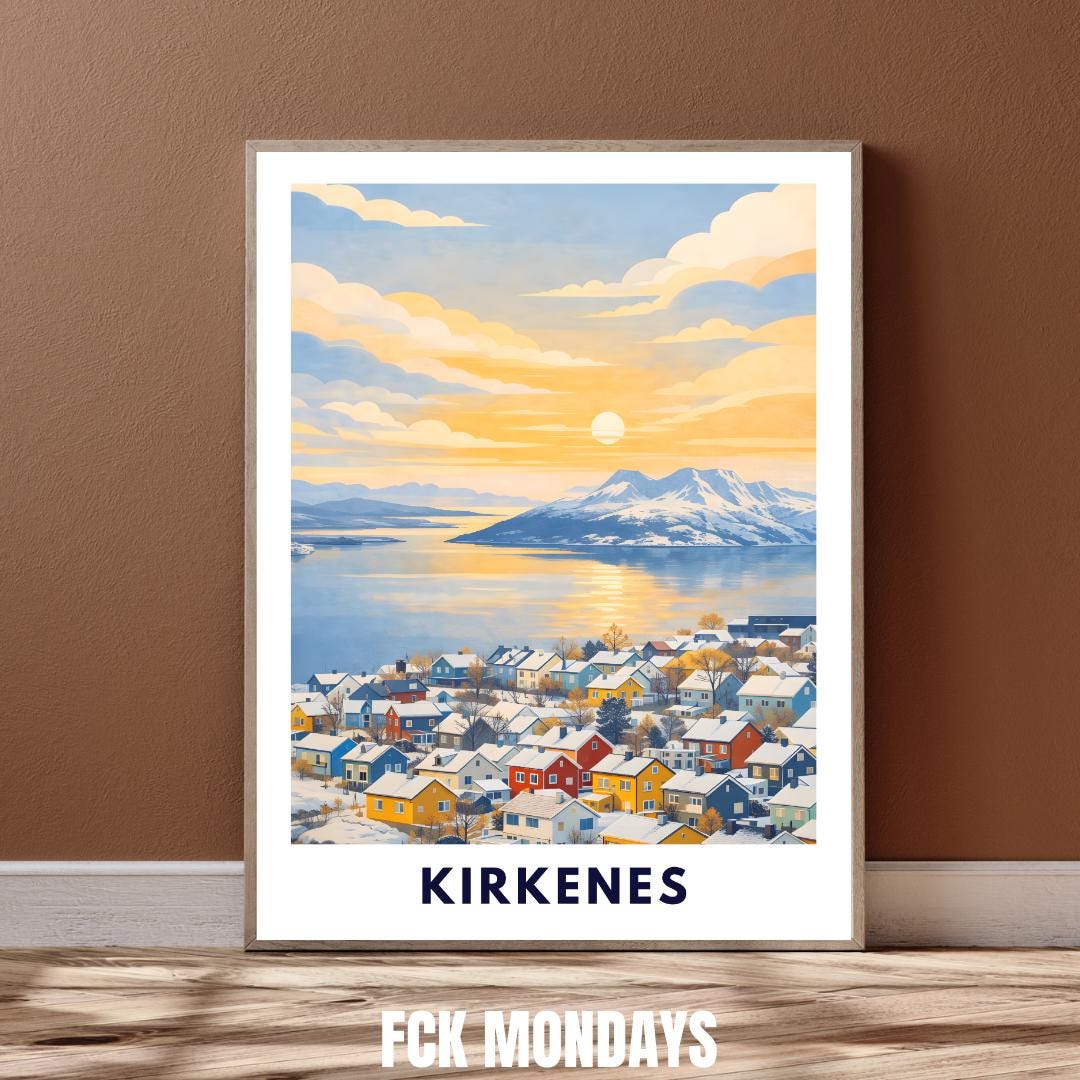 Kirkenes Poster | Norway | Arctic Fjord Town | Hurtigruten End Port | Barents Sea | Scandinavian Travel Poster | Nordic Wall Art Print