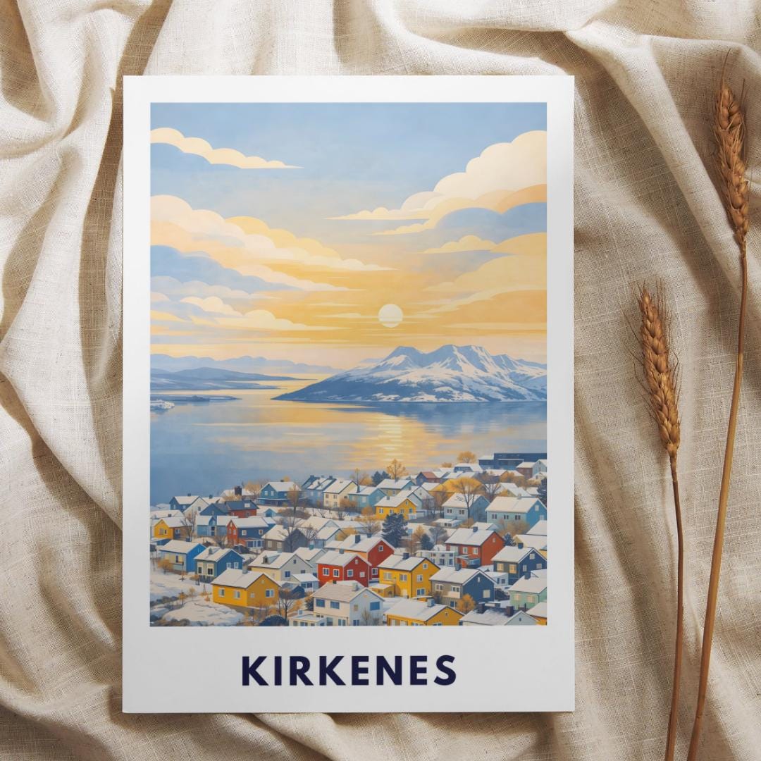 Kirkenes Poster | Norway | Arctic Fjord Town | Hurtigruten End Port | Barents Sea | Scandinavian Travel Poster | Nordic Wall Art Print
