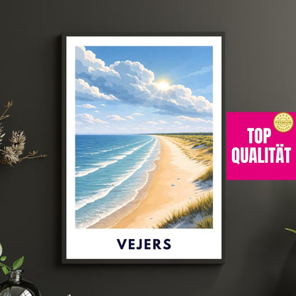 Vejers Beach Poster | Denmark | North Sea Coast | Dune Landscape | Summer Ocean | Travel Poster | Coastal Wall Art | Scandinavian Decor