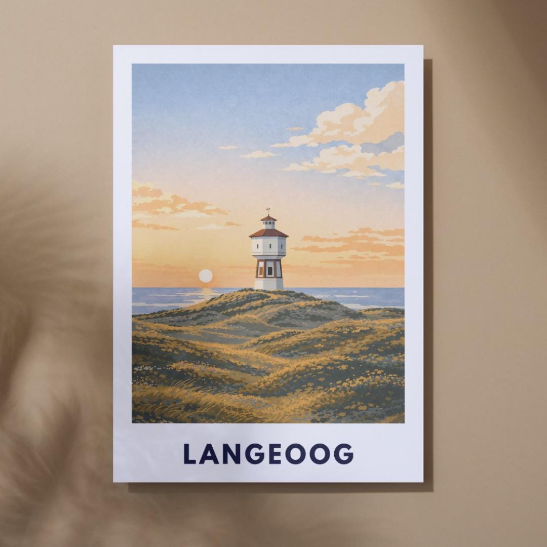 Langeoog Wasserturm Poster | Langeoog Sanddünen Sonnenuntergang | Poster Ostfriesische Inseln | Nordseeinsel Wattenmeer Nationalpark