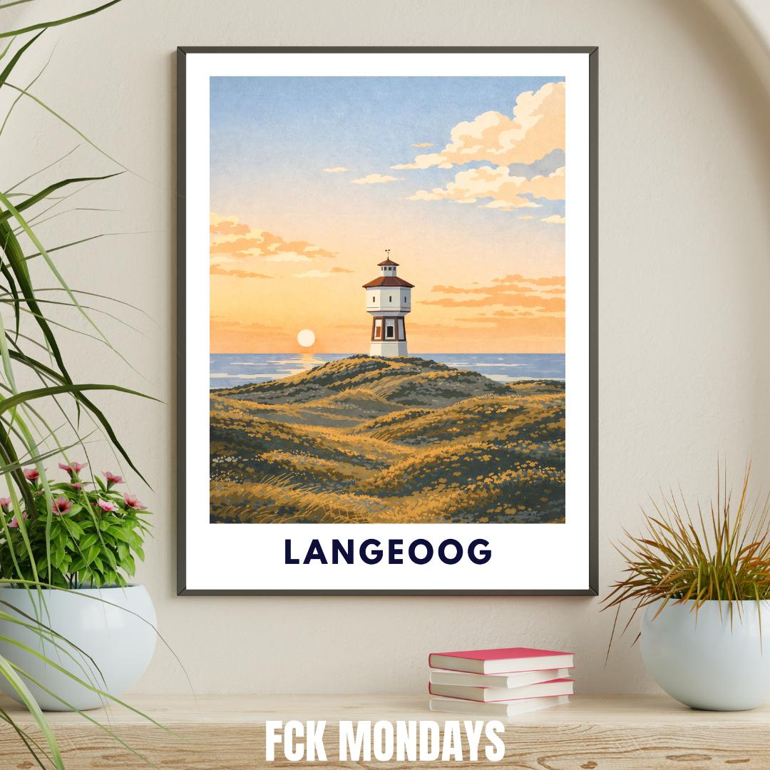Langeoog Wasserturm Poster | Langeoog Sanddünen Sonnenuntergang | Poster Ostfriesische Inseln | Nordseeinsel Wattenmeer Nationalpark