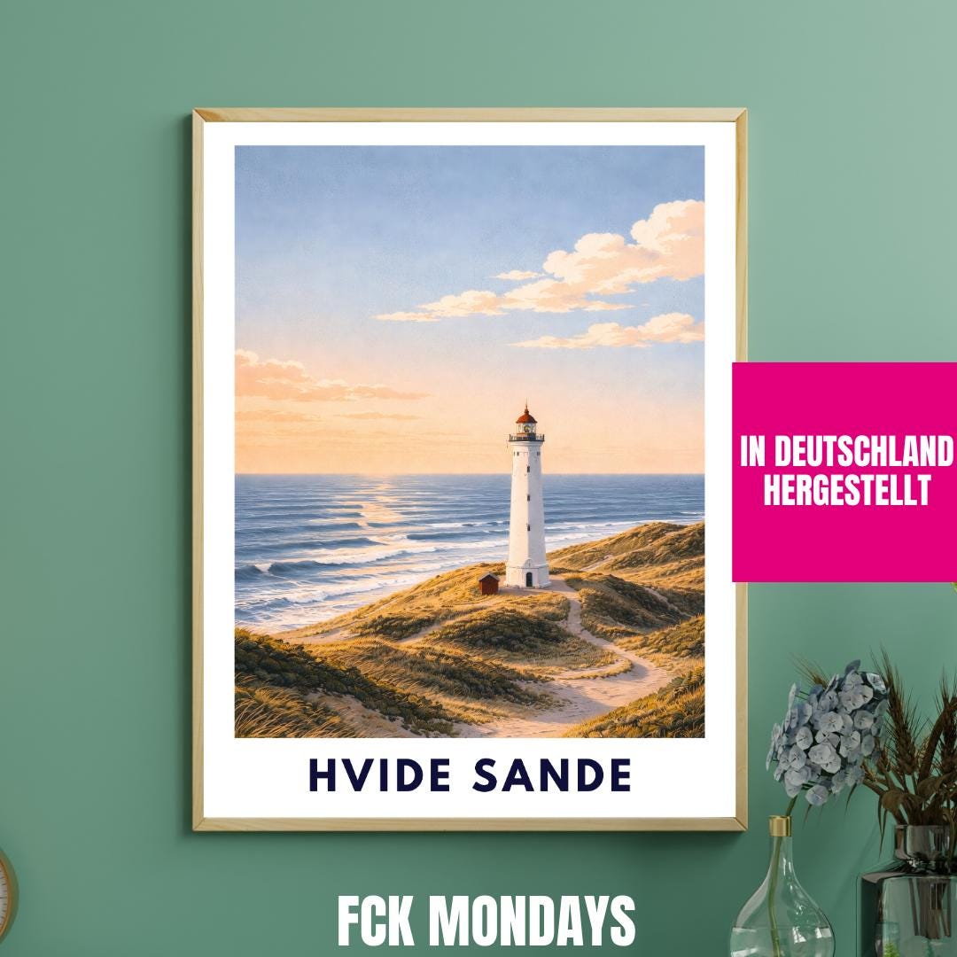 Hvide Sande Poster | Lyngvig Fyr Lighthouse | North Sea Dunes Wall Art | Denmark Coast | Scandinavian Travel Poster | Minimal Art Print