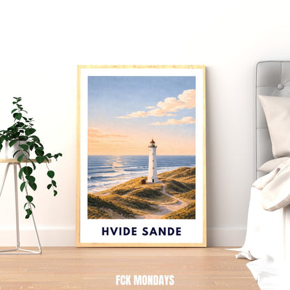 Hvide Sande Poster | Lyngvig Fyr Lighthouse | North Sea Dunes Wall Art | Denmark Coast | Scandinavian Travel Poster | Minimal Art Print