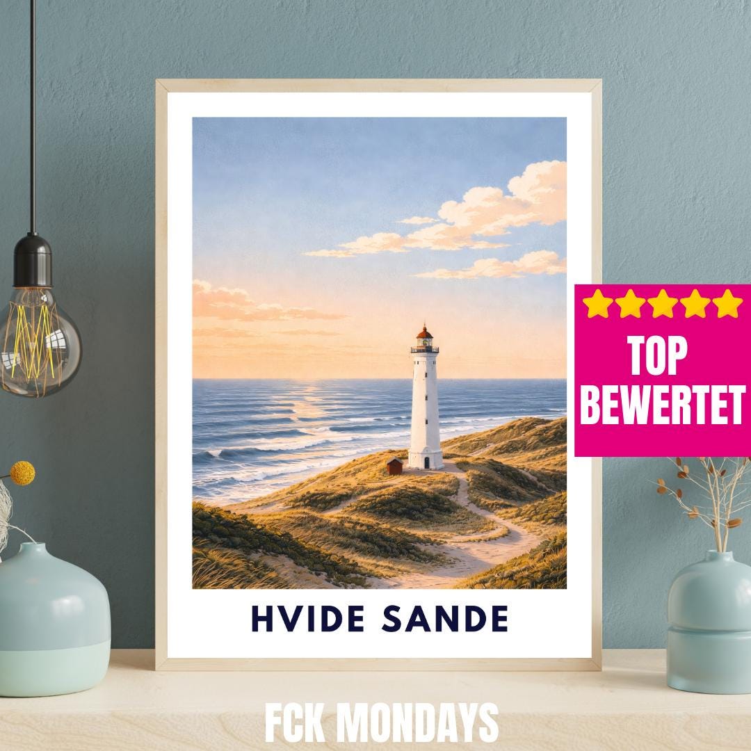 Hvide Sande Poster | Lyngvig Fyr Lighthouse | North Sea Dunes Wall Art | Denmark Coast | Scandinavian Travel Poster | Minimal Art Print