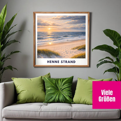 Henne Strand Poster | Dünen Nordsee | Goldenes Abendlicht | Minimalistisches Strandposter | Skandinavische Küstenruhe Dänemark Küste