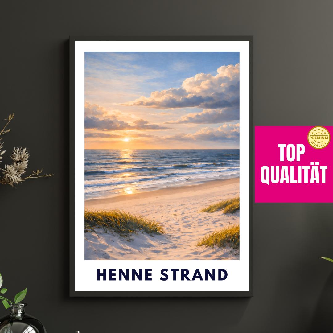 Henne Strand Poster | Dünen Nordsee | Goldenes Abendlicht | Minimalistisches Strandposter | Skandinavische Küstenruhe Dänemark Küste