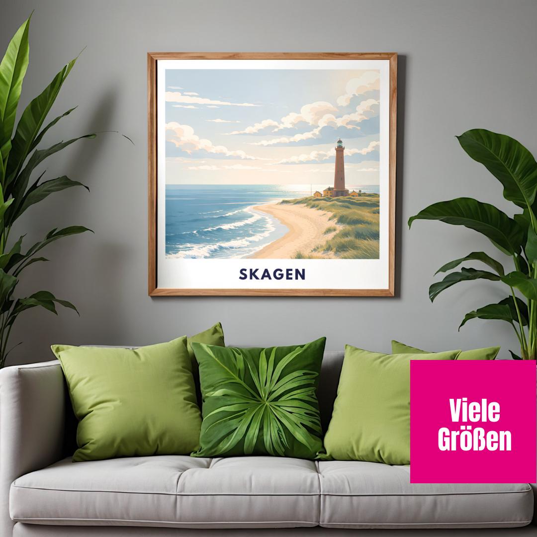 Skagen Poster | Skagen Fyr Lighthouse | Danish North Sea Dunes & Beach | Grenen Coast Denmark | Scandinavian Travel Wall Art | Minimal Print