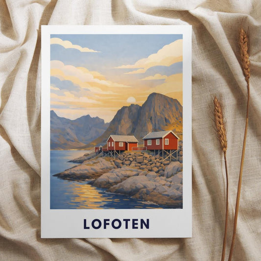Lofoten Poster | Norwegen | Rorbuer Hütten | Reine Hamnøy | Fjord Landschaft | Hurtigruten | Skandinavien | Reiseposter Nordic Art