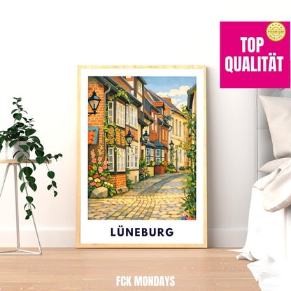 Lüneburg Altstadt Poster | Historische Gassen & Fachwerk | Norddeutsche Stadtillustration | Wandbild Stadt, Reise Poster Souvenir