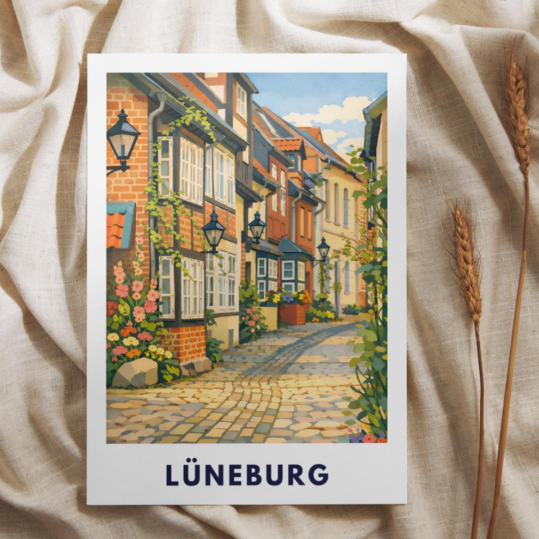 Lüneburg Altstadt Poster | Historische Gassen & Fachwerk | Norddeutsche Stadtillustration | Wandbild Stadt, Reise Poster Souvenir