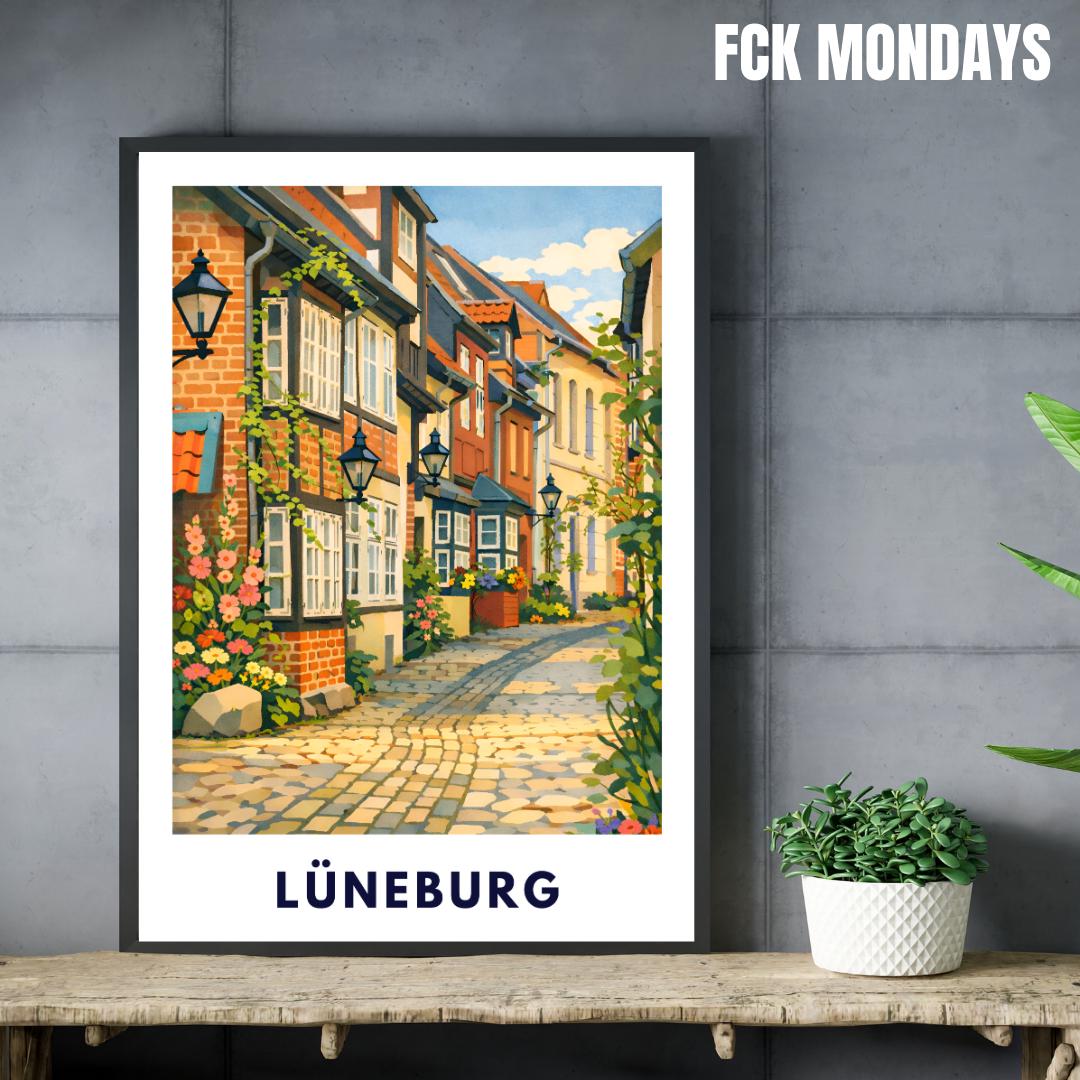 Lüneburg Altstadt Poster | Historische Gassen & Fachwerk | Norddeutsche Stadtillustration | Wandbild Stadt, Reise Poster Souvenir
