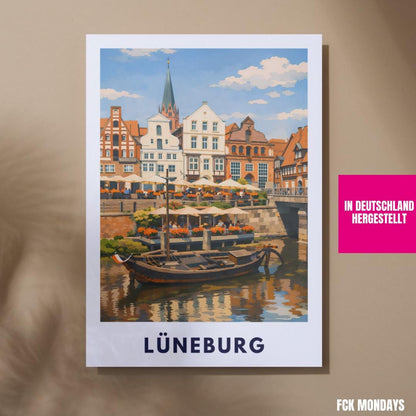 Lüneburg Hafen Poster | Historischer Hafen & Altstadt | Hansestadt Lüneburg Illustration | Stadt Wandbild, Reise Poster Souvenir