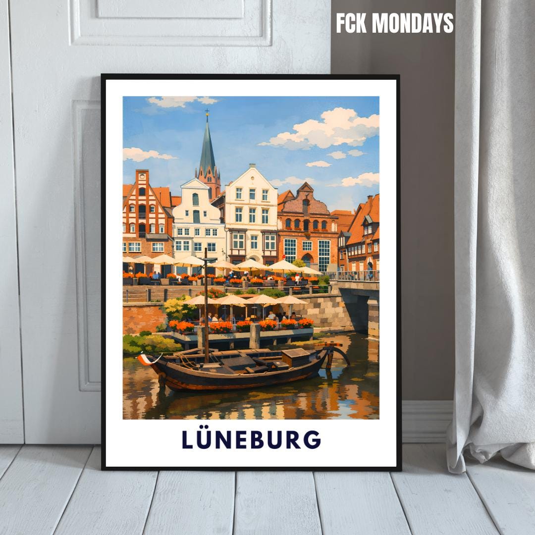 Lüneburg Hafen Poster | Historischer Hafen & Altstadt | Hansestadt Lüneburg Illustration | Stadt Wandbild, Reise Poster Souvenir