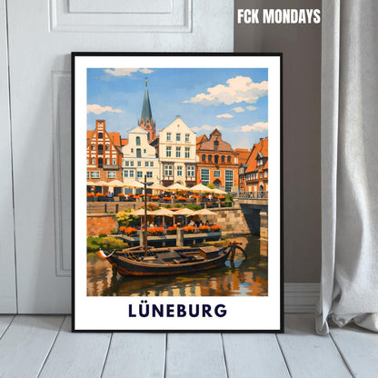 Lüneburg Hafen Poster | Historischer Hafen & Altstadt | Hansestadt Lüneburg Illustration | Stadt Wandbild, Reise Poster Souvenir
